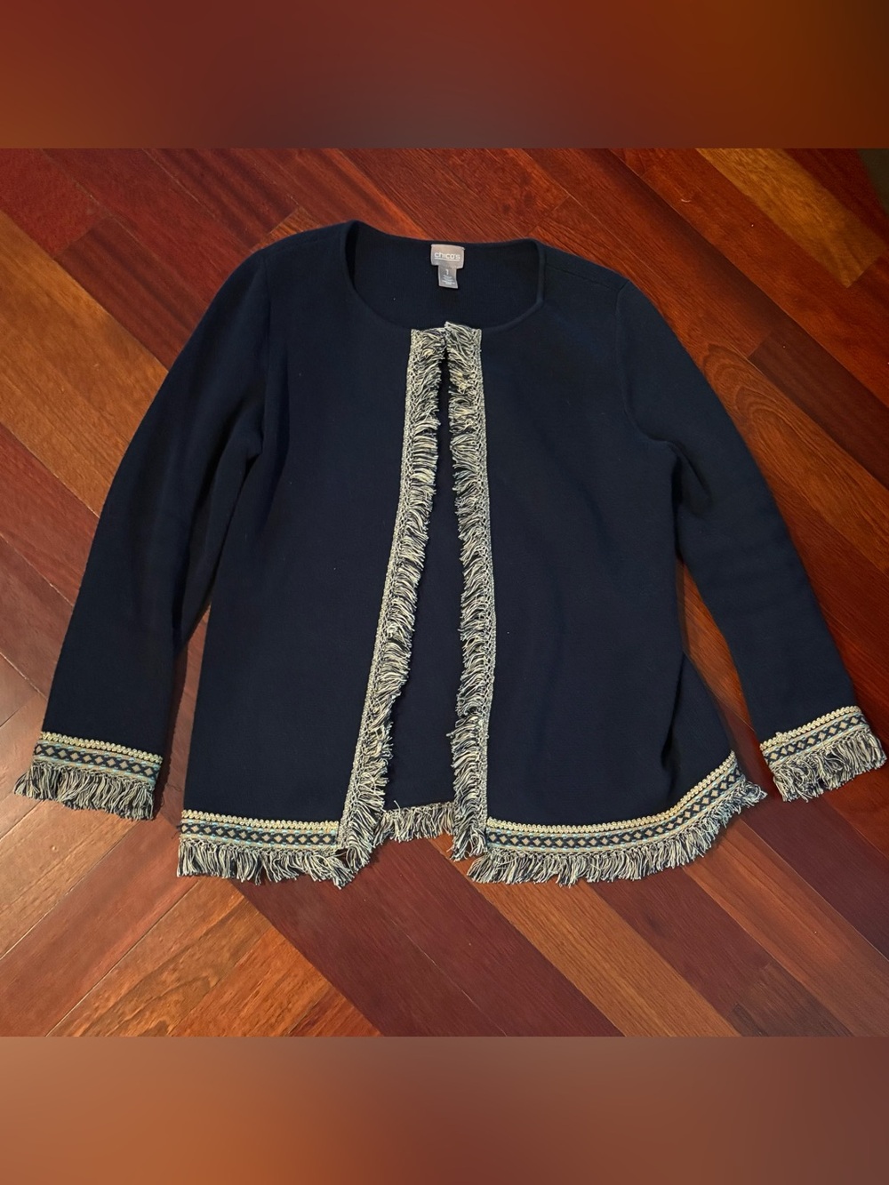 Chico's Open Front Fringe Trim Cardigan Jacket Navy Blue and Gold